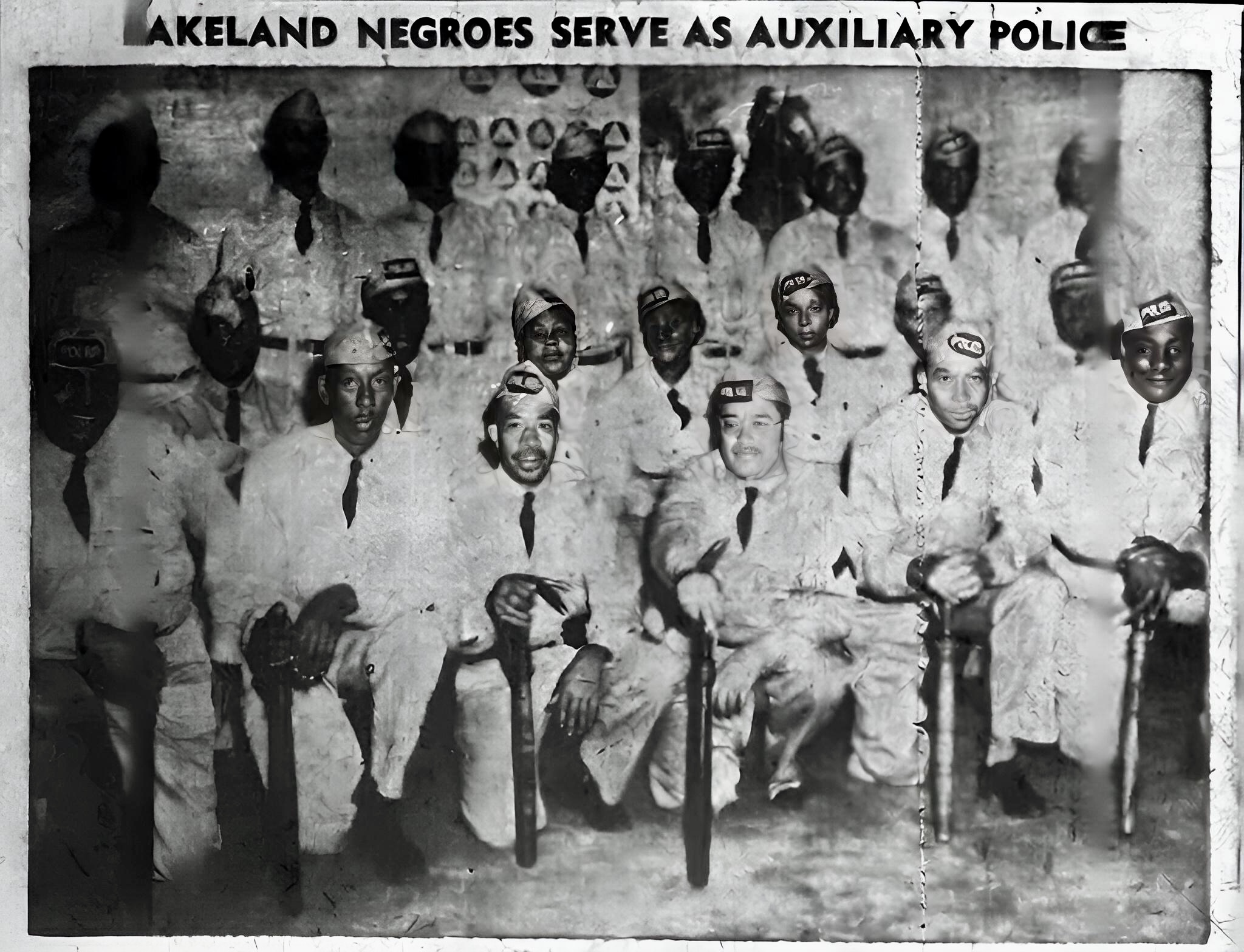 Paul A. Diggs (lower left) organized and was the captain of an all-Black auxiliary police squad -- shown here in 1943 -- that patrolled the northwest community without guns. The Negro Auxiliary was a volunteer arm of the Lakeland Police force. Members were authorized to make arrests in the Black community but held no authority outside that area. (Photo: Lakeland Public Library)