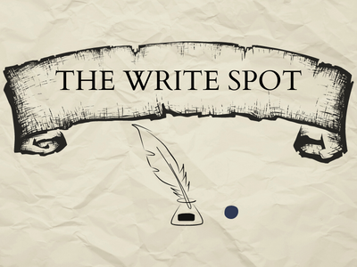 Scroll with feather pen in inkwell and spot of ink and text The Write Spot; link to library event calendar for The Write Spot