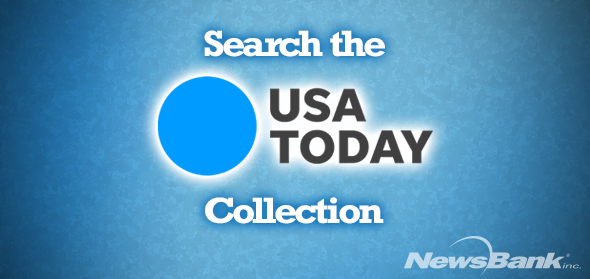 Blue background with text "Search the USA Today collection"; link to Lakeland Public Library USA Today Collection