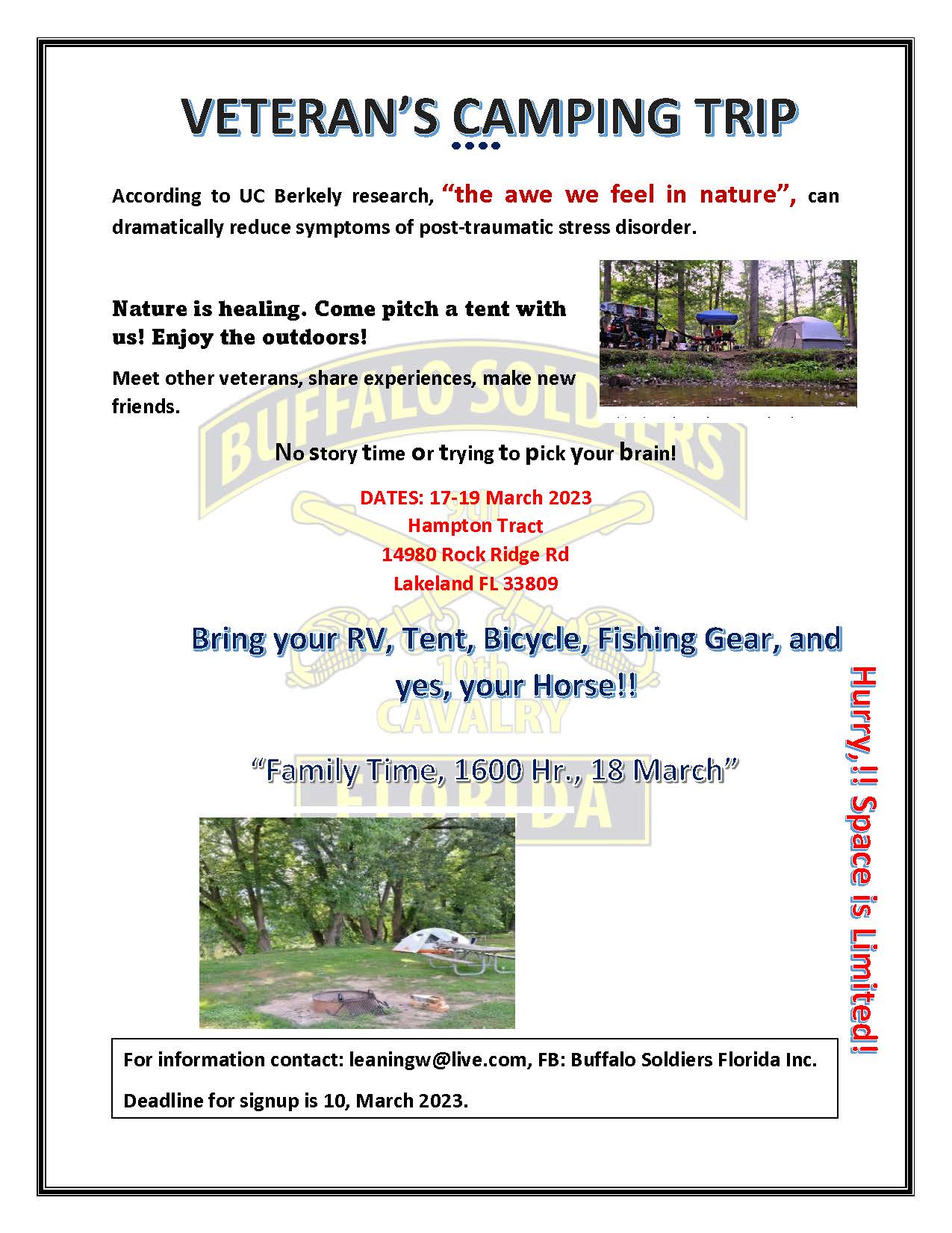 Nature is healing. Come pitch a tent with us! Contact leaningw@live.com for more information or on FB:  Buffalo Soldiers Florida Inc.  Deadline to sign up is  3-10-23.  Space is limited.