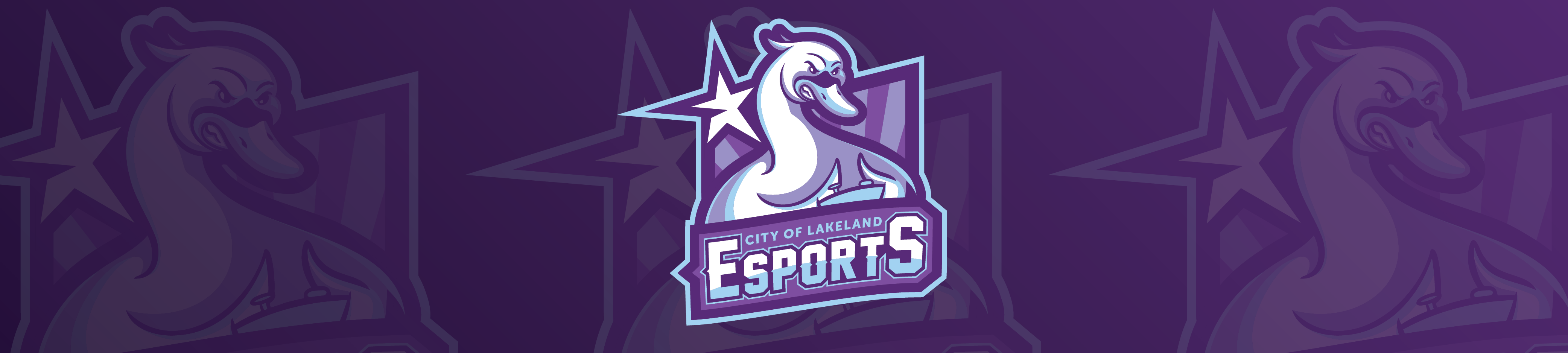 Web Banner - City of Lakeland eSports logo. Purple with a swan holding a game controller