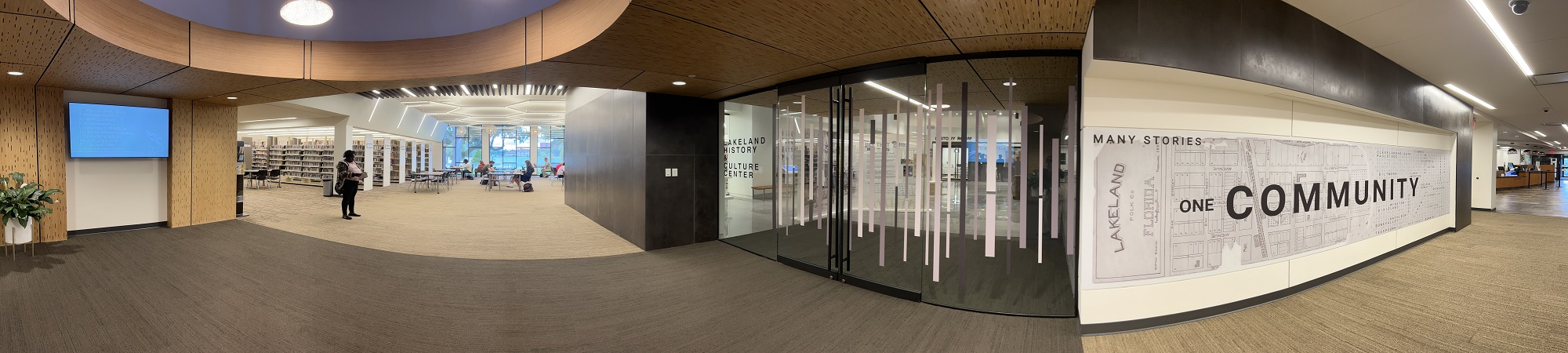 Photo of inside of Lakeland Public Library. Left shows the study area, the right shows the Lakeland History and Culture Center.