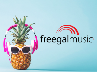 Pineapple wearing white sunglasses and pink headphones beside freegal music+ logo; link to Lakeland Library's freegalmusic site