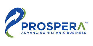 This is the logo for the company Prospera. It is the word Prospera in blue text, except for the a is in green and missing the middle bar. Underneath the word Prospera is the phrase "Advancing Hispanic Business." To the left of both elements is a curved white arrow within a blue and green background.