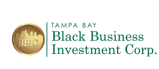 This is the logo for the Tampa Bay Black Business Investment Corp. The Logo contains a gold coin with the silloutte of tampa's skyline and the acronym BBIC. To the right of the coin is a vertical green line and then the words "Tampa Bay Black Business Investment Corp."