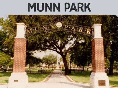 Arched brick and metal entrance to Munn Park in Lakeland, Florida at the southeast corner of the park (Kentucky Avenue and Main Street) in 1990 with text above Munn Park; link to Lakeland Public Library "Munn Park" story map