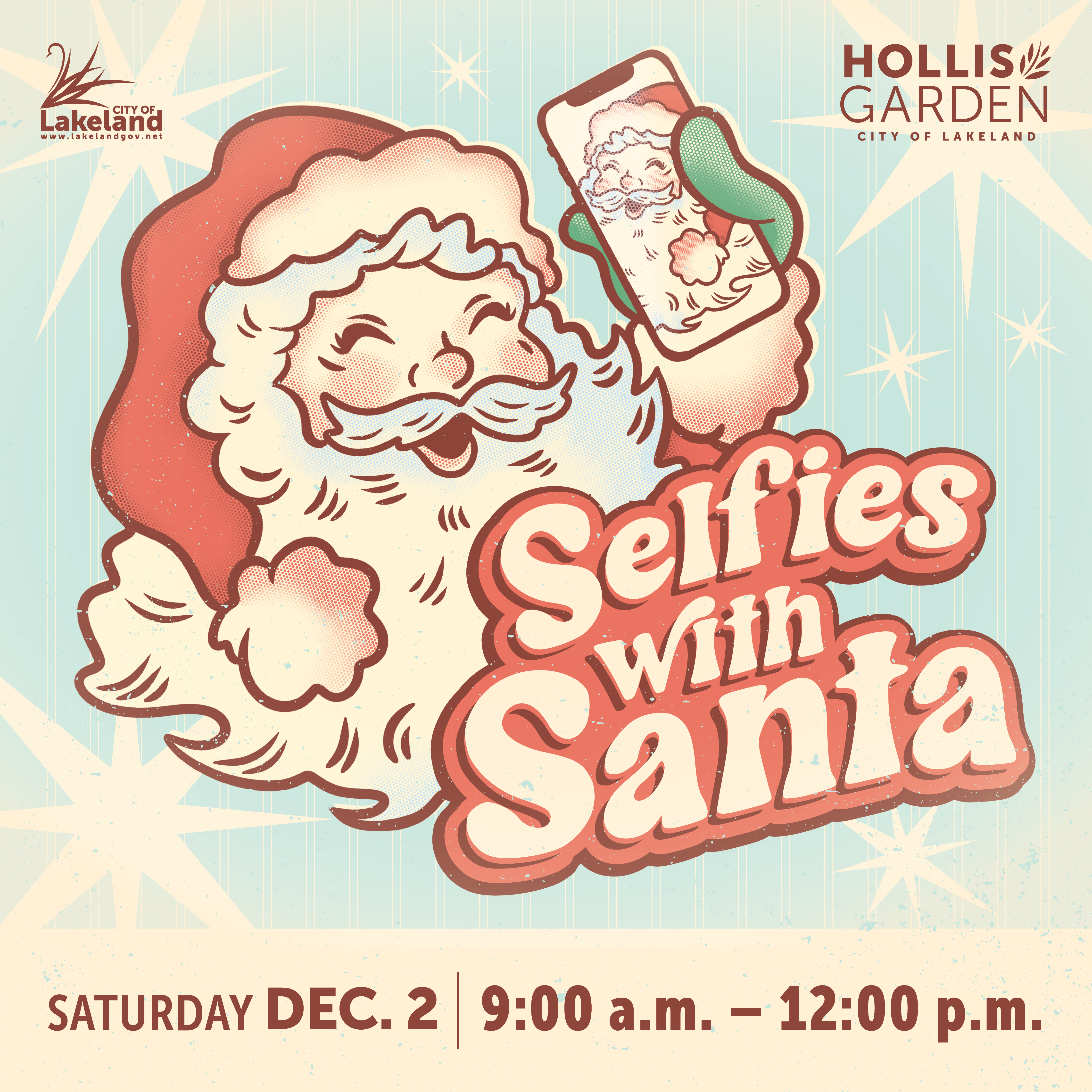 Selfies with Santa graphic with event info: Dec. 2 9 AM - 2 PM