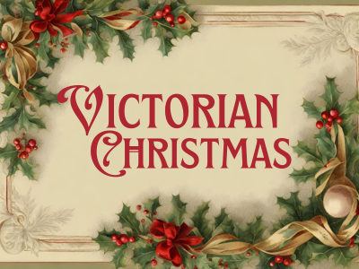 Victorian Christmas text on cream background with holly and ribbon framing the text; link to register for class on LibCal