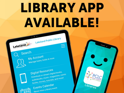 Tablet and phone screens with text "Library App Available"