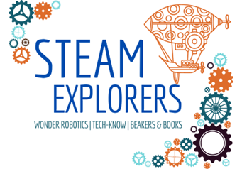 Zeppelin drawing with interlocking gears and text STEAM Explorers, Wonder Robotics, Tech-Know, Beakers & Books