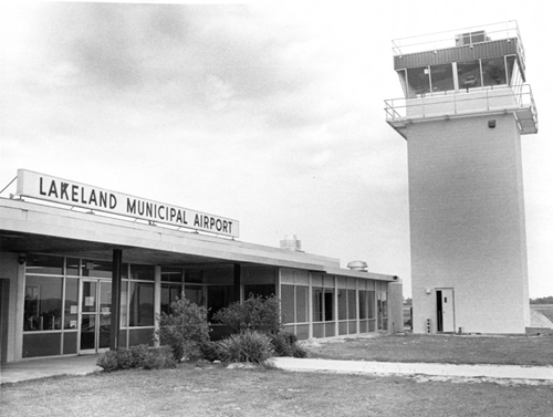 A close-up view of the Lakeland Municipal Airport terminal after the completion of the new air traffic control tower in 1980