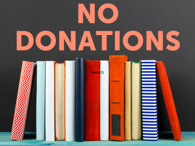 Vertical row of books on a dark background with text No Donations