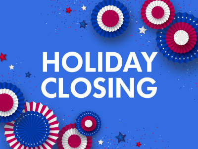 Red, white, and blue pinwheels and stars on blue background with text Holiday Closing