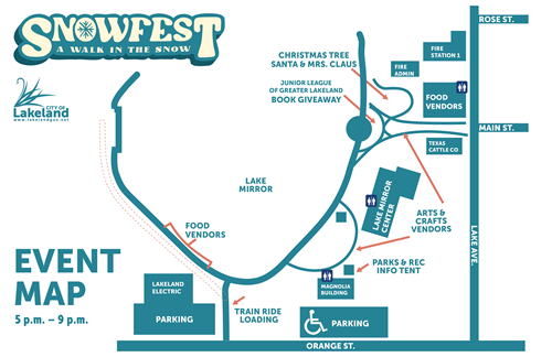 Snowfest event map (contact Email: Kristin.Meador@lakelandgov.net Phone: (863) 834-8444 for accessible info)