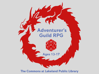 Red dragon forming circle with its body surrounding red icosahedron 20-sided die and text "Adventurer's Guild, Ages 13-17, the Commons at Lakeland Public Library"; link to Lakeland Libraries event calendar