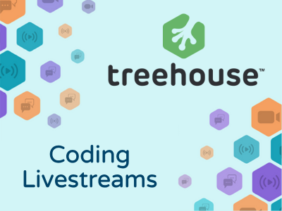 Hexagons with play buttons, cameras, and volume controls surrounding text "Coding Livestreams" with Treehouse logo; link to TreeHouse Live on YouTube
