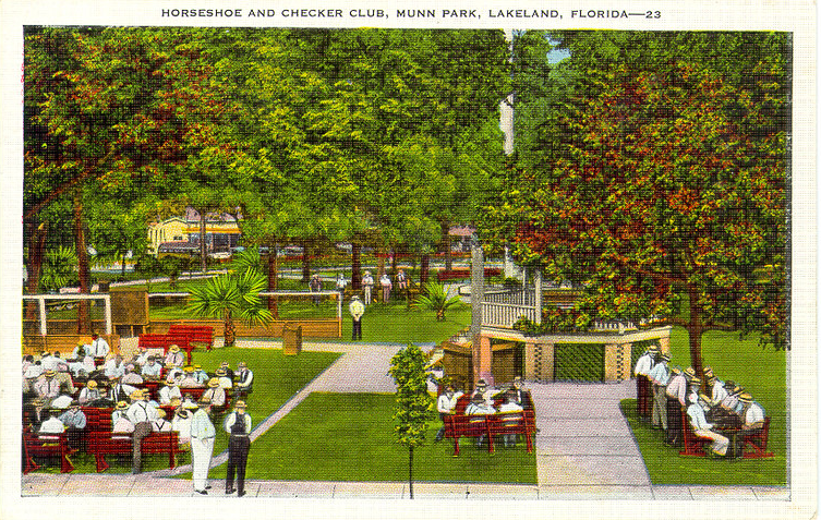 Circa 1934 postcard of Lakeland Horseshoe and Checker Club meeting in Munn Park, Lakeland, Florida; link to Lakeland Public Library "Playgrounds" Flickr album