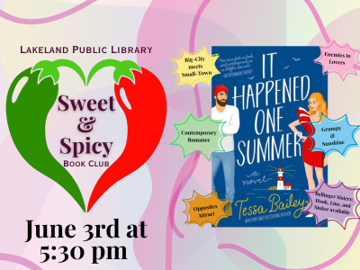 Lakeland Public Library Sweet & Spicy Book Club logo of two red and green peppers forming a heart with text "June 3rd at 5:30 PM" below; book cover of "It Happened One Summer" by Tessa Bailey; link to library events calendar