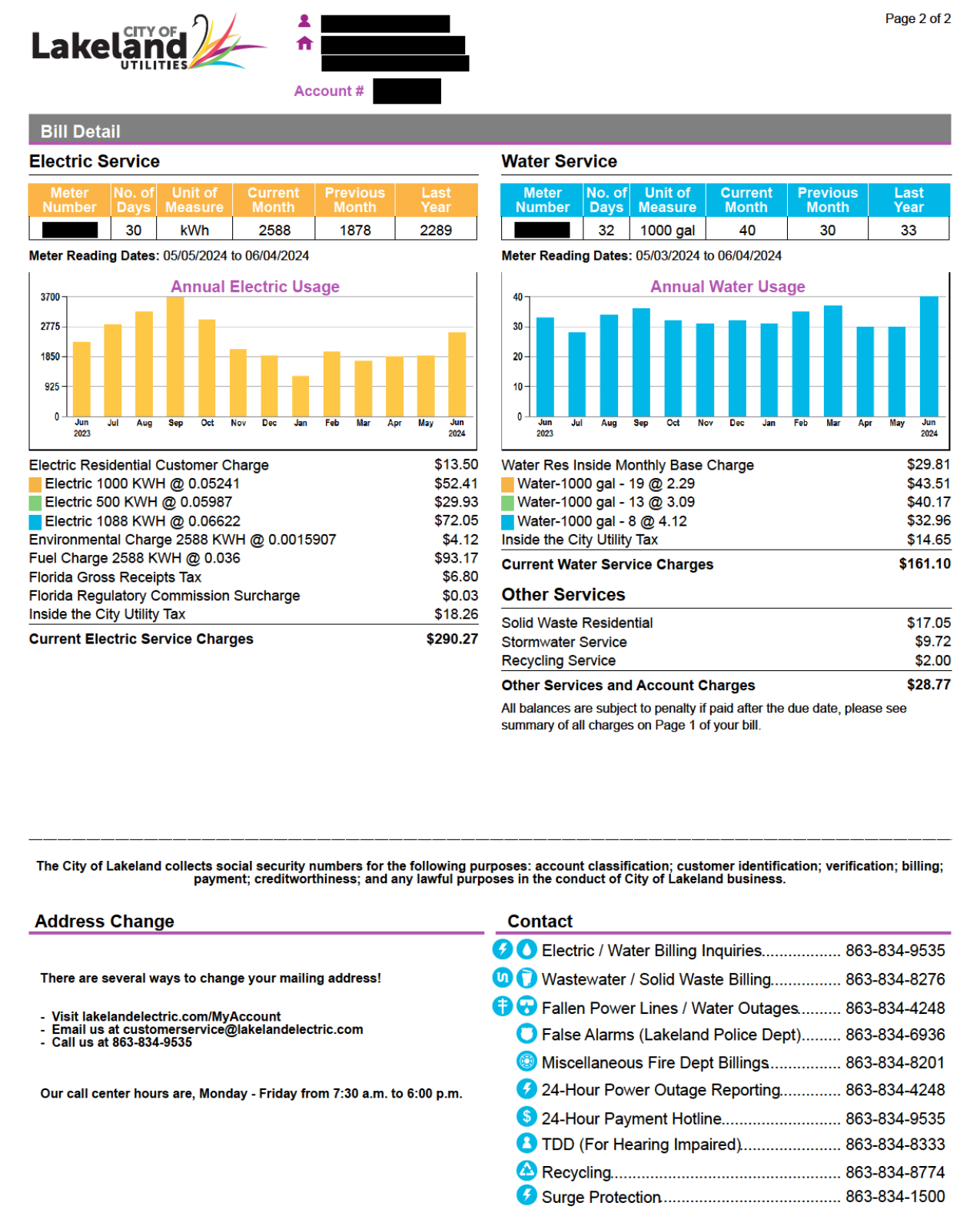The water bill image shows various sections, including charges, a usage comparison, and a bar chart. The sections highlight key billing information, helping customers track their water consumption and understand pricing structures.