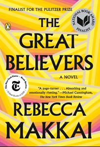 Book cover of The Great Believers by Rebecca Makkai. Cover features overlapping bands of purple to yellow ombre stripes.