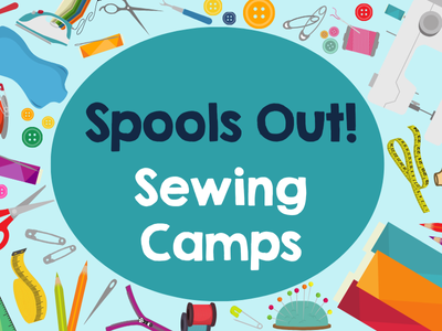 Sewing notions including pins, fabric, scissors, sewing machine, buttons, and iron on light teal background with text "Spools Out! Sewing Camps"