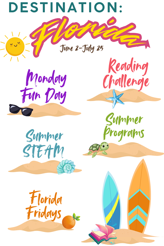 Two surfboards, book, sun, shells, turtle, and orange by text "Reading Challenge, Monday Fun Day, Summer Programs, Summer STEAM, Florida Fridays" with text above "Destination: Florida"