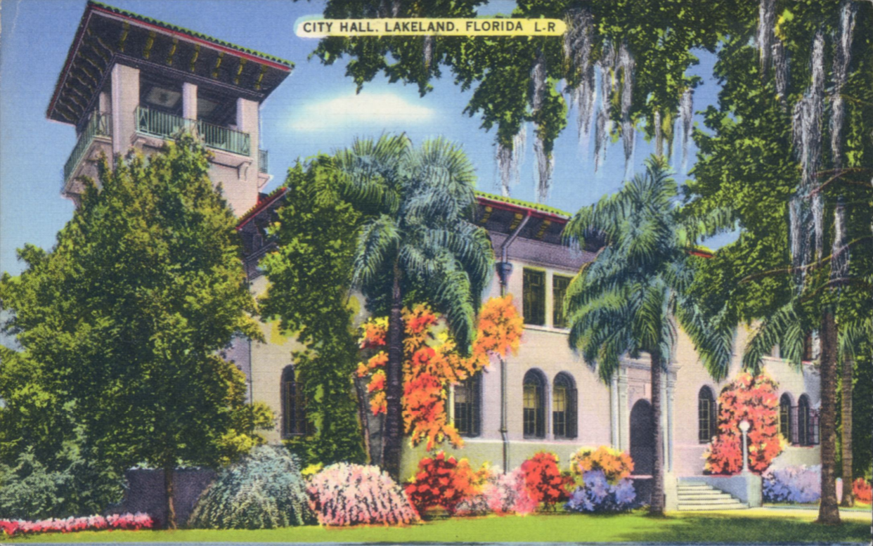 Postcard image of City Hall, Lakeland, Florida circa 1940s. The current Lakeland City Hall was built in 1927 on Massachusetts Avenue to replace a smaller structure at the corner of Florida Avenue and Main Street. ; link to contentDM "Lakeland Postcard Collection"