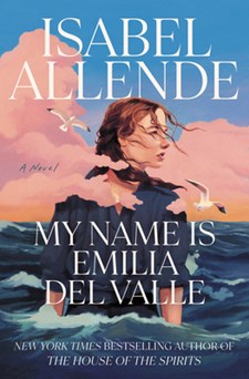 Book cover of My Name Is Emilia Del Valle by Isabel Allende. Cover features a woman in waves with seagulls, pink clouds, and blue sky.