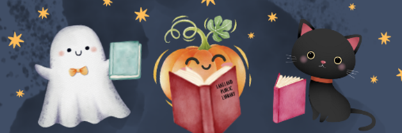 Ghost holding book, smiling pumpkin with open book with text "Lakeland Public Library" and cat with open book on starry night background