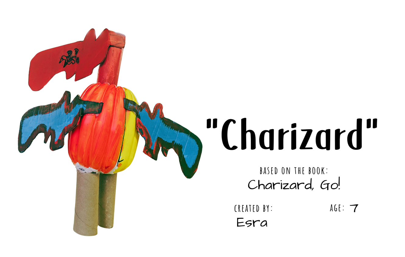 Craft pumpkin decorated to look like Pokémon "Charizard" with text "Charizard; Based on the book Charizard, Go!; Created by: Esra, Age 7"