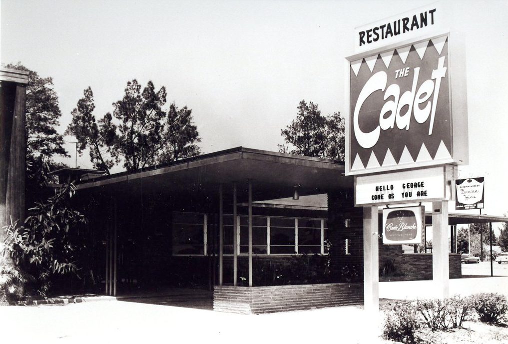 1950 exterior photo of The Cadet Restaurant, which opened in 1939 and soon became one of Lakeland's most popular restaurants; link to "Good Eats!" Flickr album