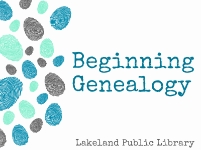 Colorful fingerprints in aqua, blue, and gray beside text Beginning Genealogy, Lakeland Public Library