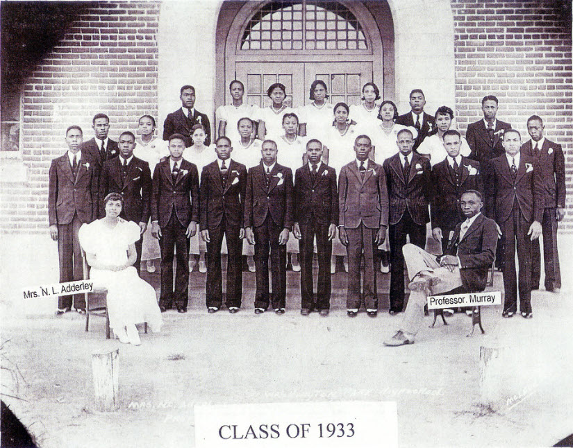 Senior Class of 1933 at Washington Park High School posed on the steps of the building. The all-black high school was built in 1928 and was renamed after local educator and long time principal, William Rochelle, in 1949.; link to "Communities Have Power" Flickr album