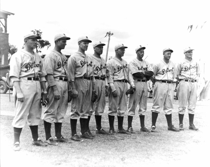 Eight members of the 1937 Detroit Tigers baseball team getting ready for a spring training game in Lakeland, Florida; link to "...Ready to Play" Flickr album