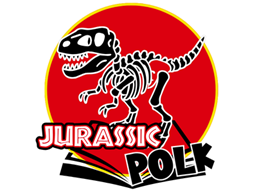 Black outline of T-Rex standing on an open book on a red background with text Jurassic Polk