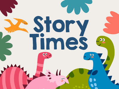 Five colorful dinosaurs and flowers surrounding text "Story Times"