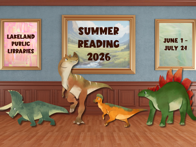 Gallery with three gold frames containing text "Lakeland Public Libraries, Summer Reading 2026, June 1-July 24" with four colorful dinosaurs walking past the frames; link to Sumer Reading Programs 2026 page