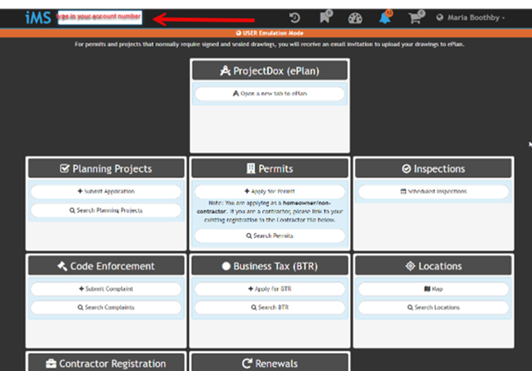 The main page users will see on iMS after logging in. This image has a red arrow pointing to the top left search bar where users will put their account number in to search for their Business Tax Reciept.