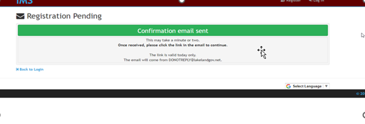 The "Registration Pending" page. This is telling the user to check their email for a confirmation email to open their iMS account.
