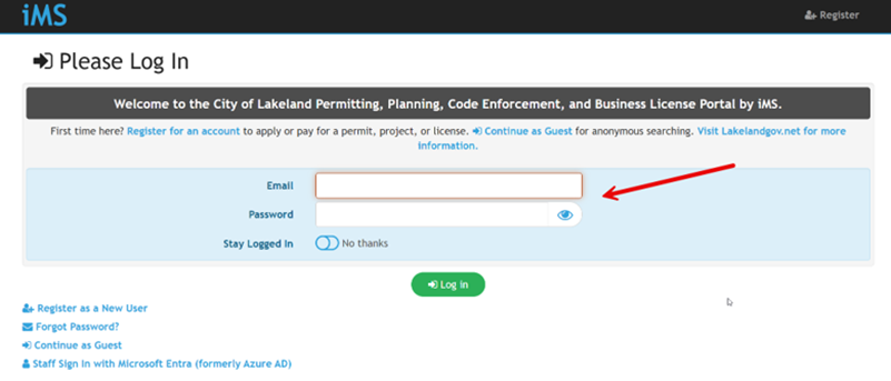 This is the main iMS portal page again. There is a red arrow indicating that people should log in with their newly created login information.