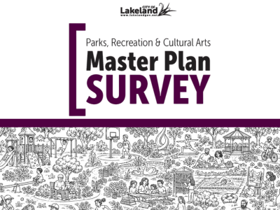 City of Lakeland logo above text "Parks, Recreation & Cultural Arts Master Plan Survey" and illustrated line drawing scene of individuals and groups in parks, playing games, reading, and creating; link to Parks, Recreation & Cultural Arts Master Plan Survey