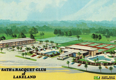 1975 postcard featuring a semi-aerial view of the Bath and Racquet Club of Lakeland, which was later purchased by the City of Lakeland in 1984 and became Kelly Recreation Center; link to "Playgrounds, Parks, Fields, and Gardens" Flickr album