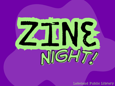 Zine Night! text in lime green outline on purple background with lighter purple splat bubble