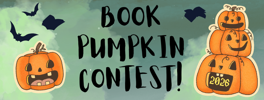 Stack of pumpkins, bats, and flying books meant to look like bats on dark sky background with text Book Pumpkin Contest! 2026