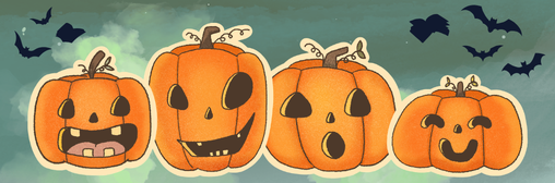 Four pumpkins in a row with different faces, bats, and flying books meant to look like bats on dark sky background