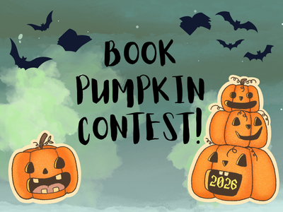 Stack of pumpkins, bats, and flying books meant to look like bats on dark sky background with text Book Pumpkin Contest! 2026; link to Book Pumpkin Contest 2026 page