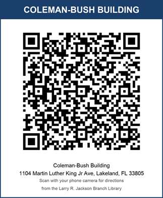 QR code with directions to the Coleman-Bush Building with text Coleman-Bush Building, 1104 Martin Luther King Jr Ave, Lakeland, FL 33805, scan with your phone camera for directions from the Larry R. Jackson Branch Library