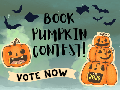 Stack of pumpkins, bats, and flying books meant to look like bats on dark sky background with text Book Pumpkin Contest! 2026; link to Book Pumpkin Contest 2026 page