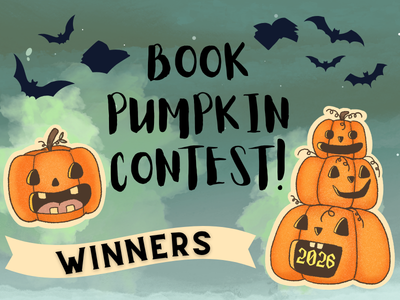 Stack of pumpkins, bats, and flying books meant to look like bats on dark sky background with text Book Pumpkin Contest! 2026 Winners; link to Book Pumpkin Contest 2026 page