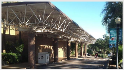 View of the front entrance and drive at the Lakeland Public Library